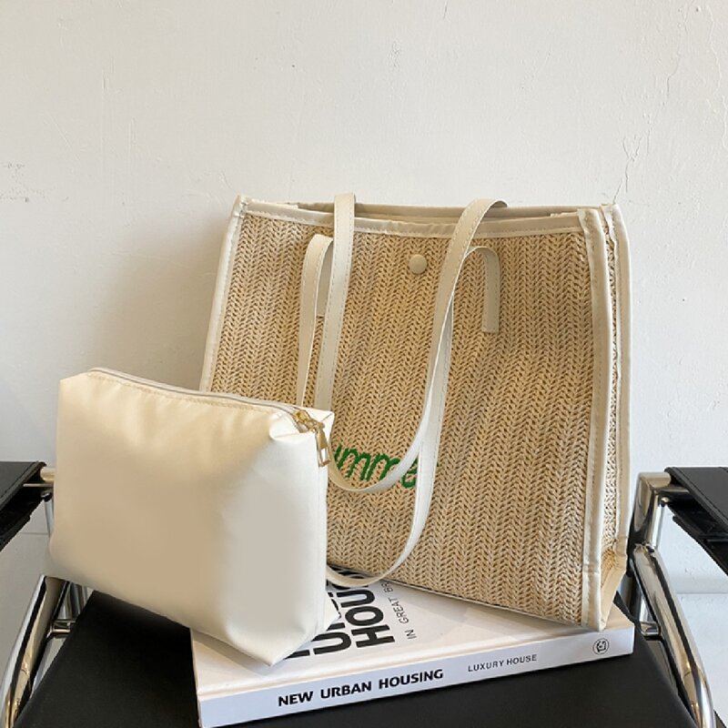 

Letter Graphic Woven Tote Bag, White