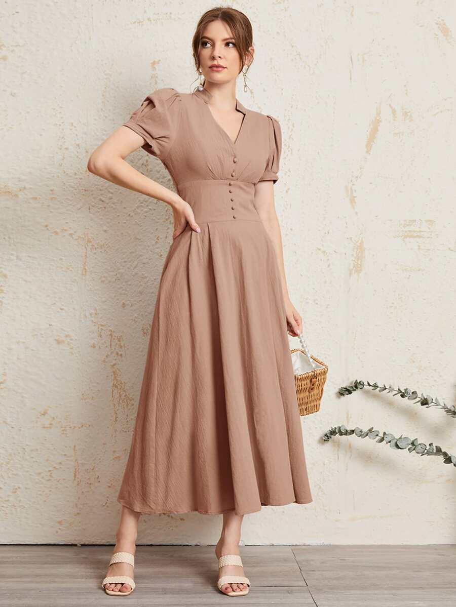 SHEIN Button Front Wide Waistband Puff Sleeve Dress - Dusty Pink - View 1