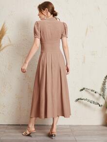 SHEIN Button Front Wide Waistband Puff Sleeve Dress - Dusty Pink - View 2