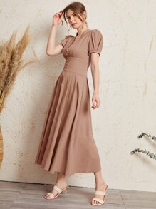 SHEIN Button Front Wide Waistband Puff Sleeve Dress - Dusty Pink - View 3