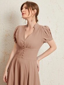 SHEIN Button Front Wide Waistband Puff Sleeve Dress - Dusty Pink - View 4