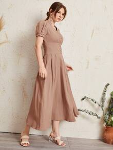 SHEIN Button Front Wide Waistband Puff Sleeve Dress - Dusty Pink - View 5