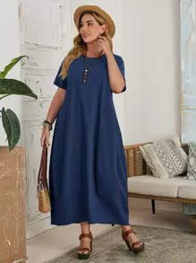 EMERY ROSE Plus Solid Tunic Dress - Navy Blue - View 1