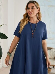 EMERY ROSE Plus Solid Tunic Dress - Navy Blue - View 3