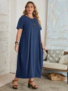 EMERY ROSE Plus Solid Tunic Dress - Navy Blue - View 4