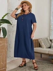 EMERY ROSE Plus Solid Tunic Dress - Navy Blue - View 5