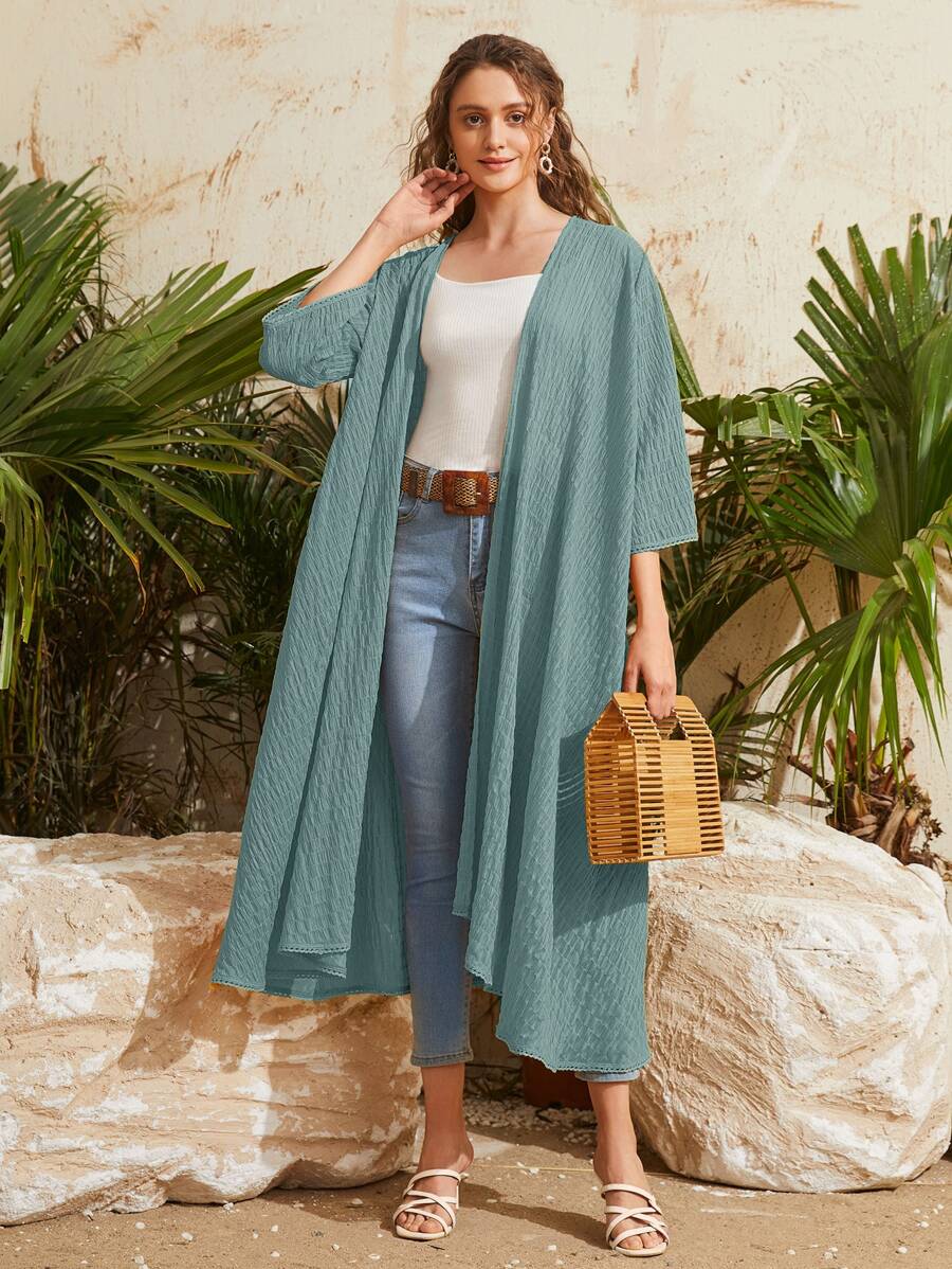 Mulvari Open Front Circle Lace Shirred Coat - Mint Green - View 1