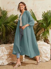 Mulvari Open Front Circle Lace Shirred Coat - Mint Green - View 3