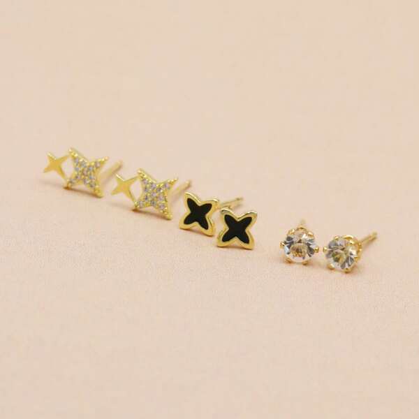 

3pairs Zircon Four-pointed Star Stud Earrings, Gold