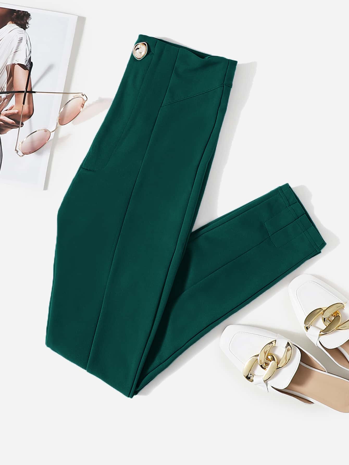 SHEIN LUNE Pantalones ajustados con botón bajo con abertura - Verde Oscuro - Ver 1