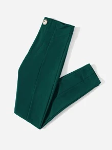 SHEIN LUNE Pantalones ajustados con botón bajo con abertura - Verde Oscuro - Ver 3