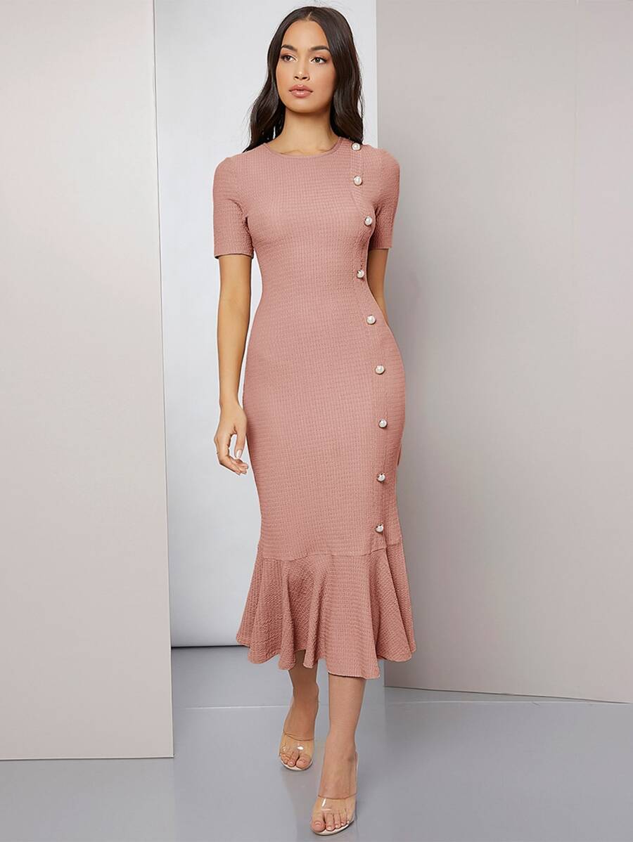 SHEIN Pearl Button Detail Mermaid Hem Dress - Dusty Pink - View 1