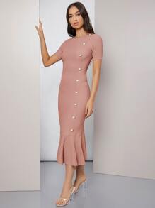 SHEIN Pearl Button Detail Mermaid Hem Dress - Dusty Pink - View 3