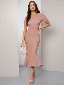 SHEIN Pearl Button Detail Mermaid Hem Dress - Dusty Pink - View 5