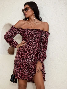 GENKIRA Leopard Print Off Shoulder Shirred Back Dress Fall Cloth For Women - Multicolor - View 1