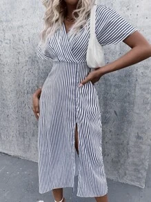 Vestido con estampado de rayas de cuello cruzado bajo con abertura - Azul y blanco - Ver 4