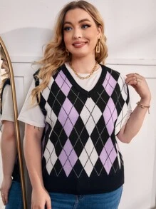 SHEIN 大碼菱形印花不帶T恤毛衣背心 - 彩色 - 查看 1