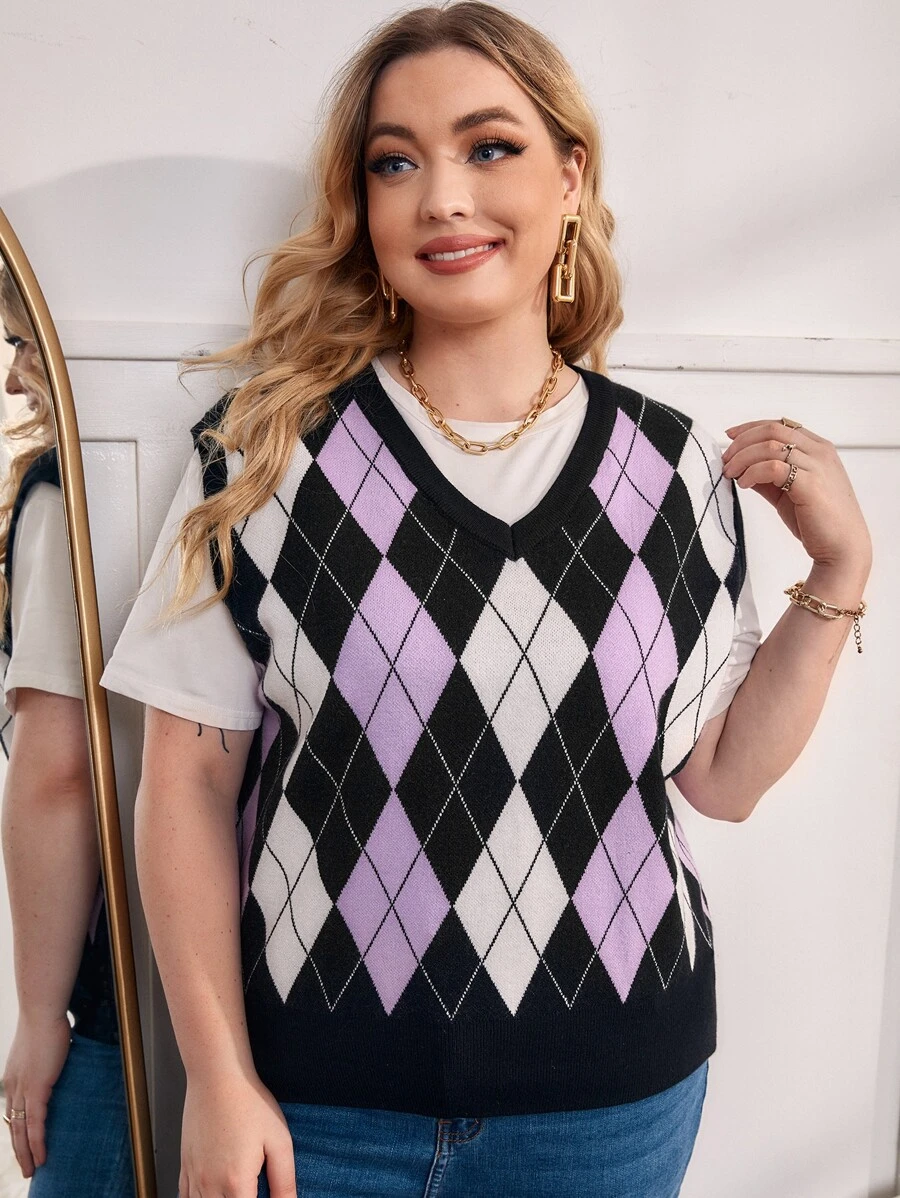 SHEIN 大碼菱形印花不帶T恤毛衣背心 - 彩色 - 查看 1