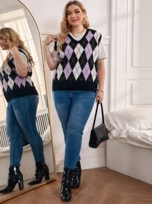 SHEIN 大碼菱形印花不帶T恤毛衣背心 - 彩色 - 查看 3