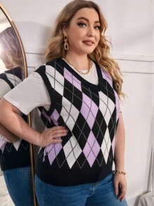 SHEIN 大碼菱形印花不帶T恤毛衣背心 - 彩色 - 查看 4