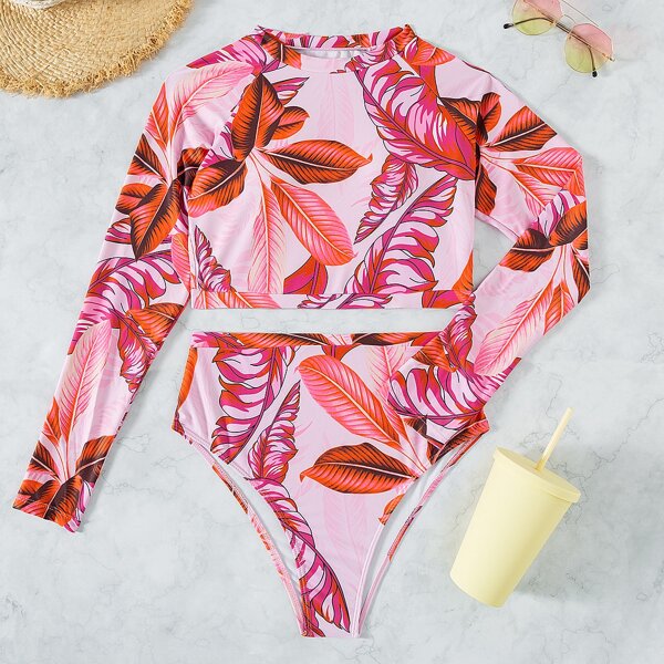 

Tropical Print High Neck High Waisted Bikini Swimsuit, Multicolor