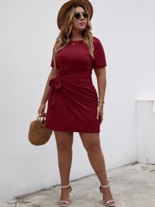 Calvaya Plus Tie Front Wrap Fitted Dress - Burgundy - View 4