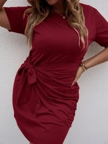 Calvaya Plus Tie Front Wrap Fitted Dress - Burgundy - View 5