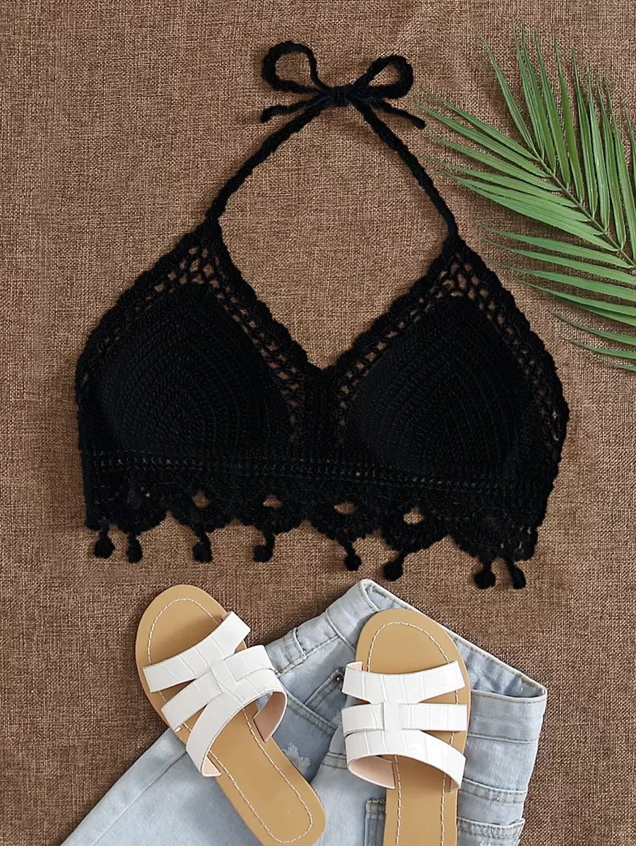 Breezaya 貝殼邊打結掛脖比基尼上衣 - 黑色 - 查看 1