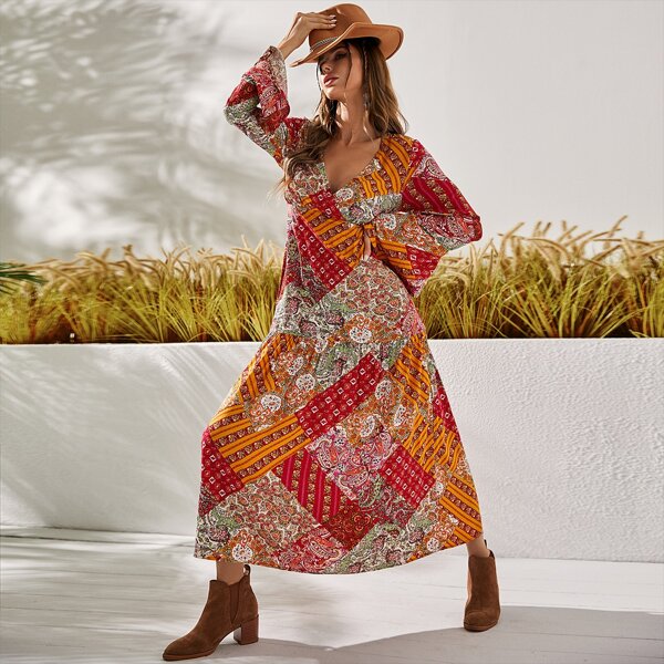 

Paisley & Patchwork Print Flounce Sleeve Ruffle Hem Dress, Multicolor