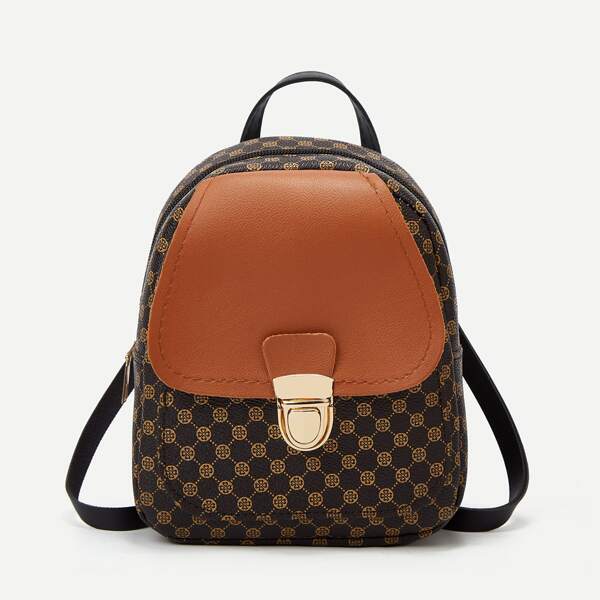 

Geo Graphic Push Lock Backpack, Coffee brown