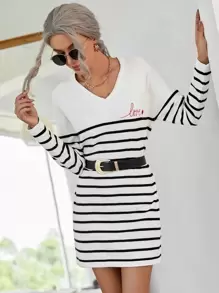 SHEIN 條紋圖案插肩袖不附腰帶毛衣裙 - 黑與白 - 查看 1