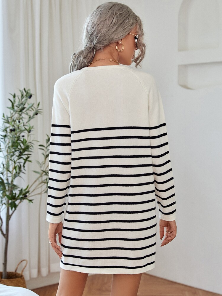 SHEIN Striped Raglan Sleeve Sweater Dress Without Belt - Black and White - View 2