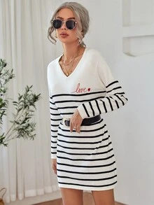 SHEIN 條紋圖案插肩袖不附腰帶毛衣裙 - 黑與白 - 查看 3