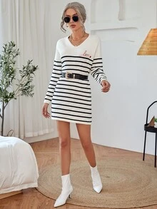 SHEIN 條紋圖案插肩袖不附腰帶毛衣裙 - 黑與白 - 查看 4