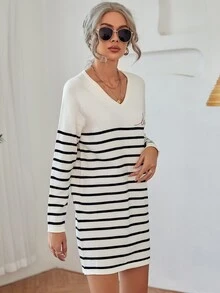 SHEIN 條紋圖案插肩袖不附腰帶毛衣裙 - 黑與白 - 查看 5