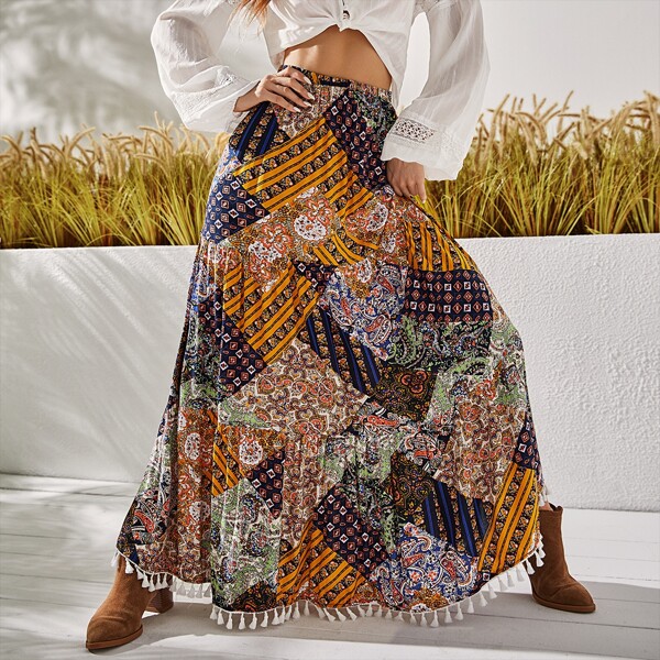 

Paisley Print Elastic Waist Tassel Hem Skirt, Multicolor