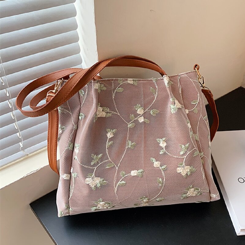 

Flower Embroidered Tote Bag, Brown