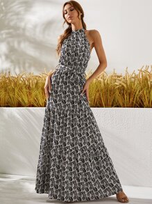 Vestido con estampado de cuello halter - Negro - Ver 1