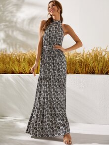 Vestido con estampado de cuello halter - Negro - Ver 5