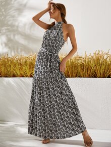 Vestido con estampado de cuello halter - Negro - Ver 7
