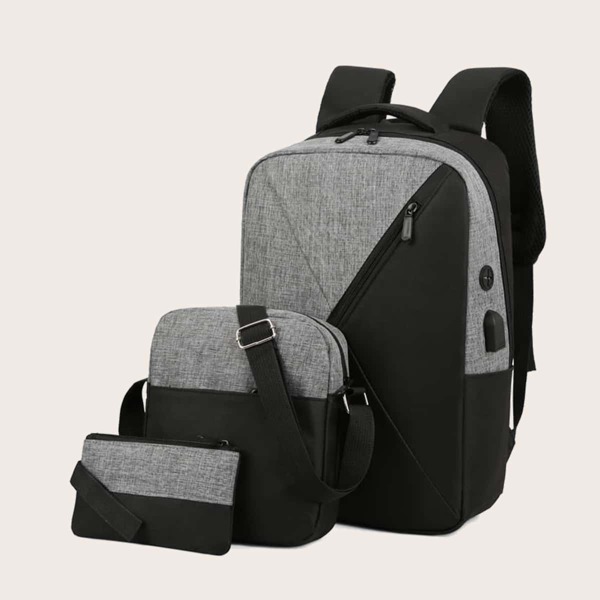 

3pcs Men Two Tone Backpack Set, Grey