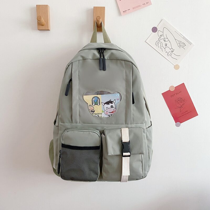 

Cartoon Graphic Pocket Front Backpack, Green