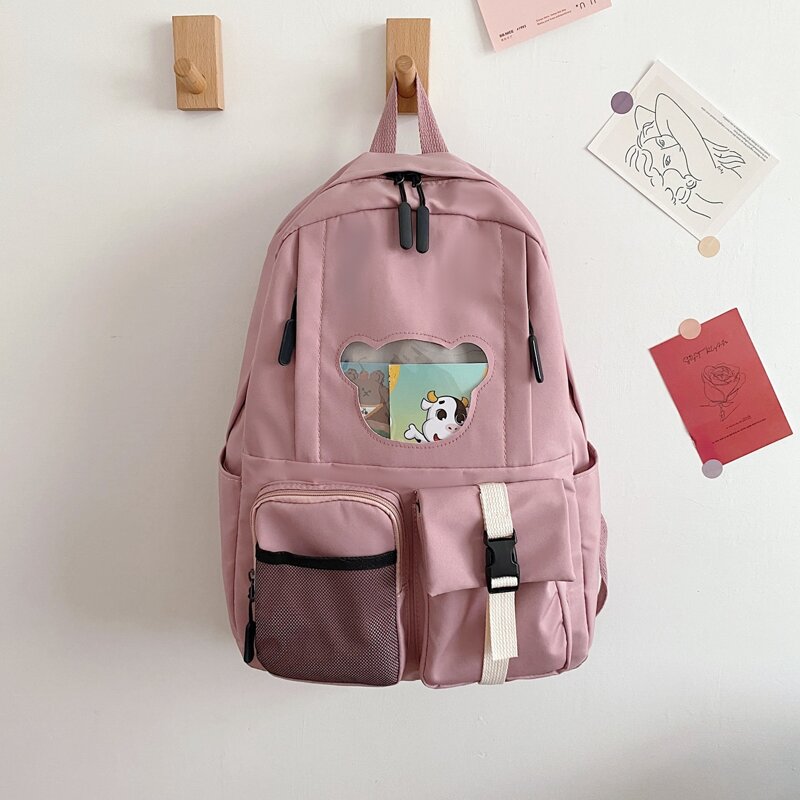 

Buckle Decor Multi-Pocket Front Backpack, Dusty pink