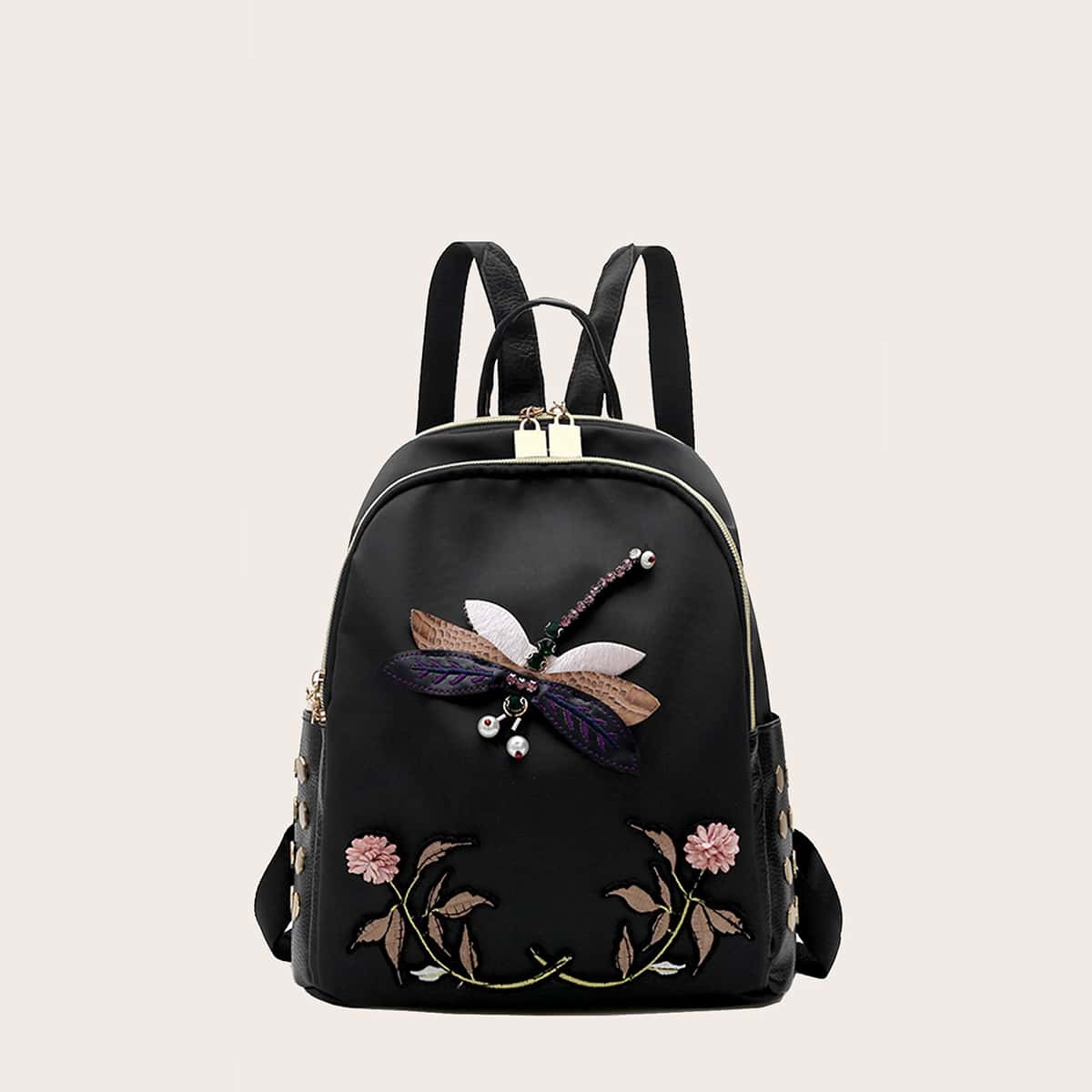 

Floral Embroidered Backpack, Black