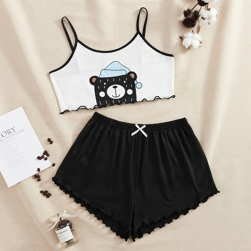 

Cartoon Graphic Cami Top & Shorts Pajama Set, Black and white