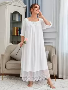 SHEIN Đầm mặc nhà Kích Thước Lớn Tương phản ren viền lá sen Thắt nút Xù Gân đan màu trơn Hoàng gia - trắng - Xem 1