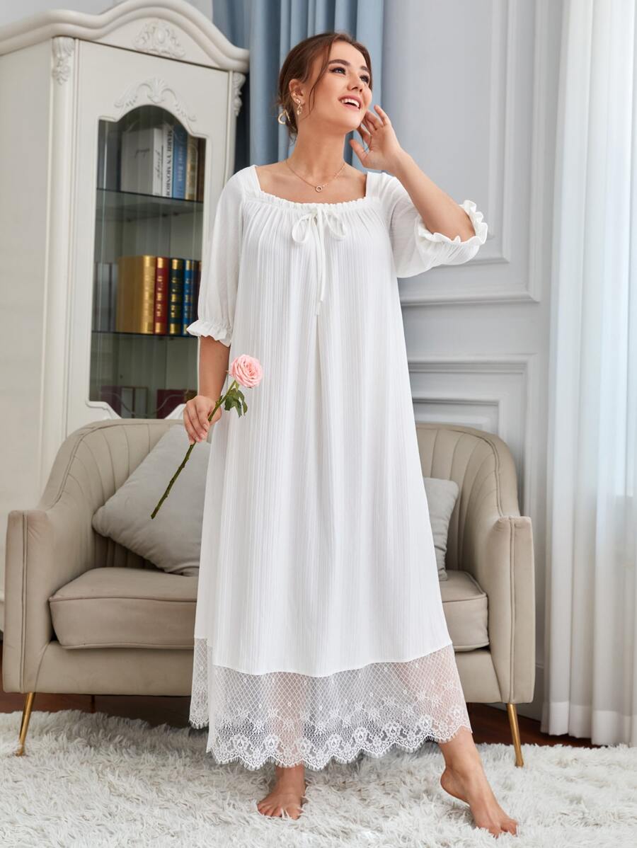 SHEIN Đầm mặc nhà Kích Thước Lớn Tương phản ren viền lá sen Thắt nút Xù Gân đan màu trơn Hoàng gia - trắng - Xem 1