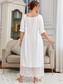 SHEIN Đầm mặc nhà Kích Thước Lớn Tương phản ren viền lá sen Thắt nút Xù Gân đan màu trơn Hoàng gia - trắng - Xem 2