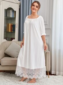 SHEIN Đầm mặc nhà Kích Thước Lớn Tương phản ren viền lá sen Thắt nút Xù Gân đan màu trơn Hoàng gia - trắng - Xem 3