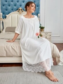 SHEIN Đầm mặc nhà Kích Thước Lớn Tương phản ren viền lá sen Thắt nút Xù Gân đan màu trơn Hoàng gia - trắng - Xem 5